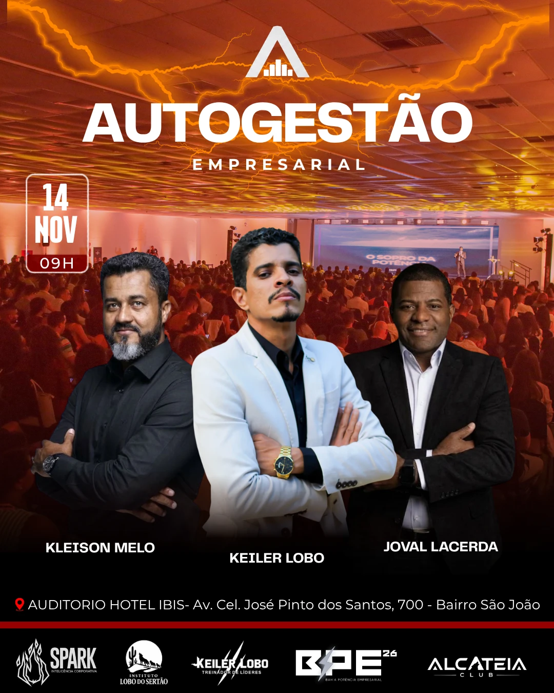 Cartaz do evento Autogestão Empresarial, dia 14 de novembro às 9h, com Kleison Melo, Keiler Lobo e Joval Lacerda
